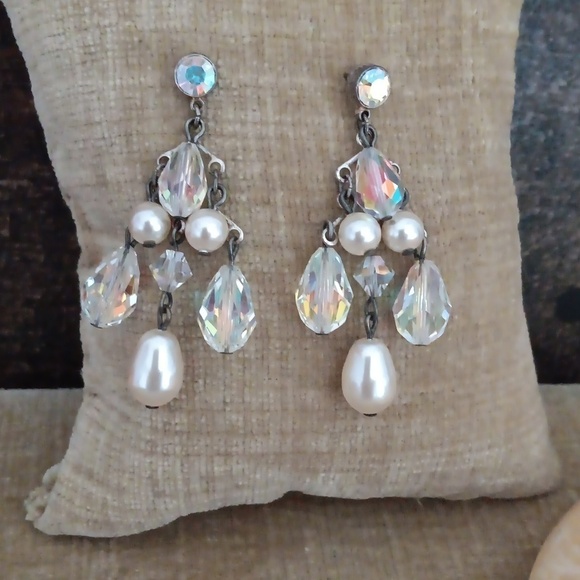 Silver Tone Rhinestone Beaded Dangle Earrings - Picture 2 of 7